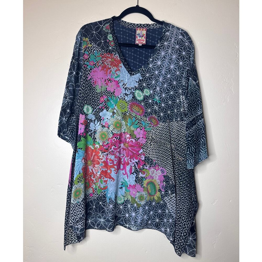 Johnny Was Tani Boho Embroidered Floral Print V-Neck Tunic Medium